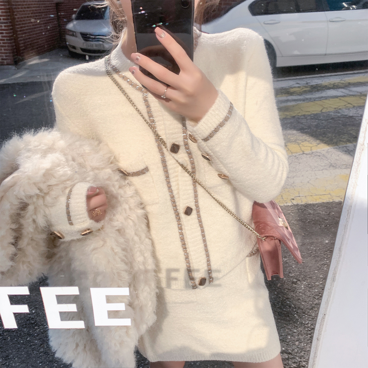 ByYou's new knit sweater famous Yuan - feng coat white sweater suit two pieces of dress
