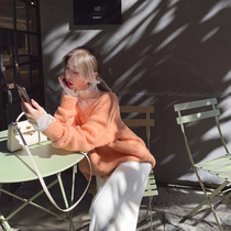 ByYou winter New lazy orange V-neck thick wool sweater female Korean version loose Joker sweater