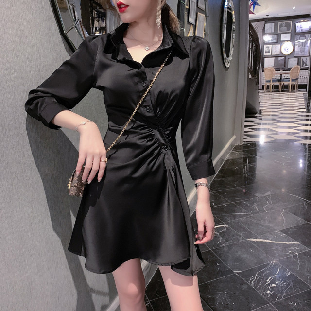 ByYou summer shirt collar white satin dress women's design sexy temperament waist slimming irregular skirt