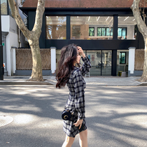 ByYou 2020 autumn and winter foreign style plaid dress womens new design sense waist draw wrinkle inside with bottom skirt