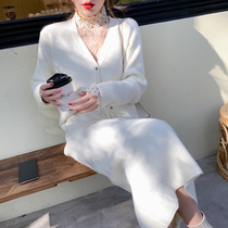 ByYou winter New White V-neck thick knit cardigan suit womens medium long high waist skirt two-piece set