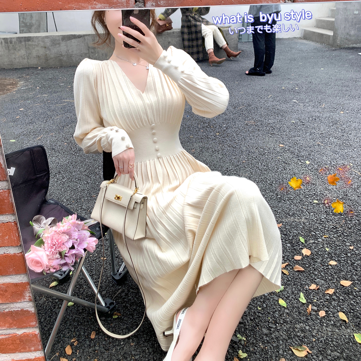 ByYou Light Luxury V Lightly Vuldous Knitting Ocean Wears Waist and Thick-thickened Overknee Dress