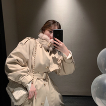 ByYou winter khaki imitation rabbit hair collar plus velvet parka coat Womens Mid-length knee thick warm coat