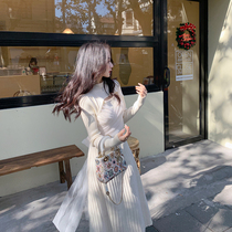 ByYou winter red design feel mesh stitching knit dress womens waist strap long knee skirt