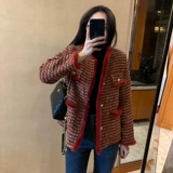 Красная флисовая демисезонная элитная куртка, увеличенная толщина, в стиле Шанель, 2023