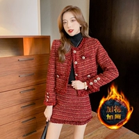 Красный осенний демисезонный комплект, юбка, куртка, в стиле Шанель, в западном стиле, увеличенная толщина