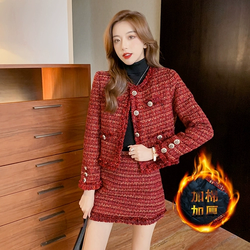 Красный осенний демисезонный комплект, юбка, куртка, в стиле Шанель, в западном стиле, увеличенная толщина