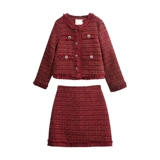 Красный осенний демисезонный комплект, юбка, куртка, в стиле Шанель, в западном стиле, увеличенная толщина