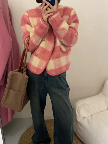 Зимняя цветная шерстяная розовая удерживающая тепло короткая куртка с пухом, в стиле Шанель