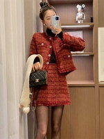 Красный осенний демисезонный комплект, юбка, в стиле Шанель, в западном стиле, увеличенная толщина