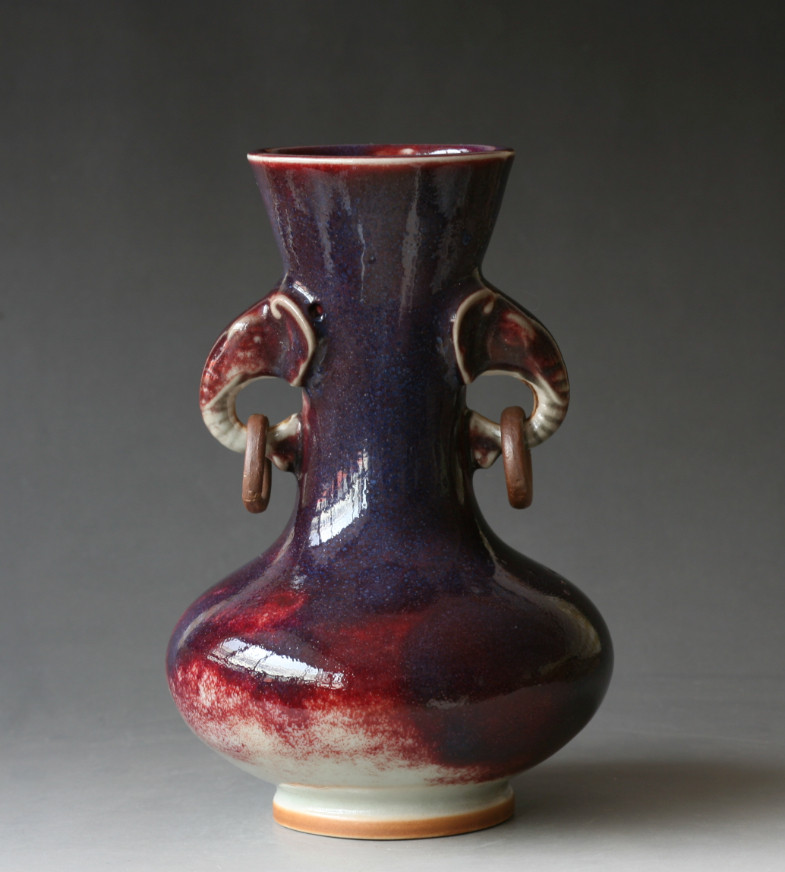 Coal Burning Jun Porcelain Ice Sugar Red Purple Glaze Elephant Nasal Living Ring Bottle 80s