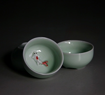Early jade shadow green goldfish three sets of cups and tea cups