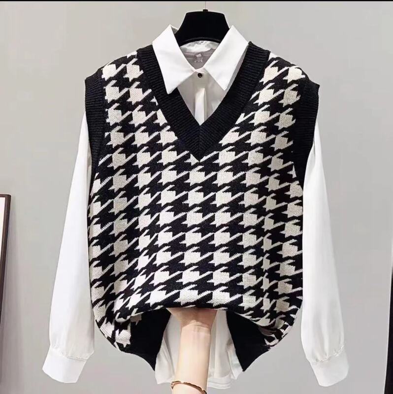 Foreign Trade Export Italian Designer Surplus Stock Original Order Clearance Vest Houndstooth Sweater for Women Autumn Foreign Trade Export Italian Designer Surplus Stock Original Order Clearance Vest Houndstooth Sweater for Women Autumn