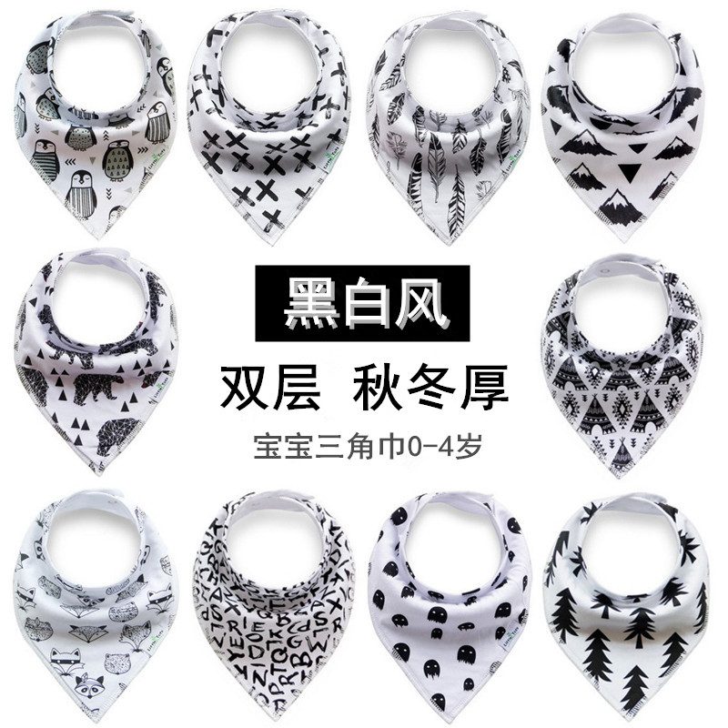 Black and white wind baby saliva towel bib newborn saliva towel Pure cotton anti-vomiting milk baby triangle towel buckle thickened