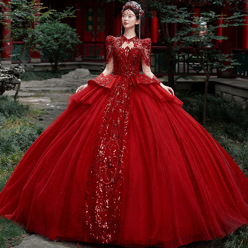 Red Main Wedding Dress for Bride 2025 New Vintage Heavy Craftsmanship 2026 Petite Long-Sleeved High-End Formal Dress Light