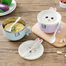 Stainless steel instant noodle bowl Cartoon rabbit with lid Korean chopsticks set Dormitory household student bento box large soup bowl