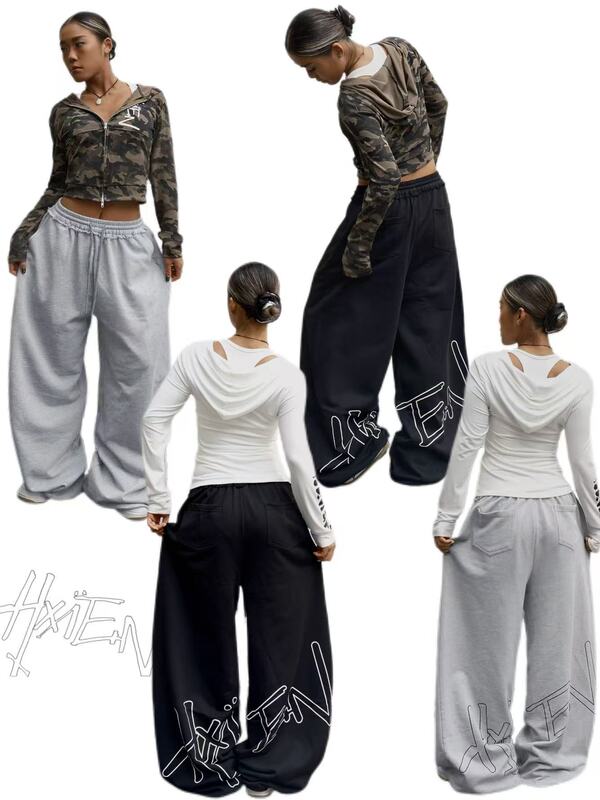 Hxien Original Large Pattern Sweatpants with Cuffed Edges, Oversized Jazz Wide-Leg Pants, American Retro Drawstring Casual Long Pants