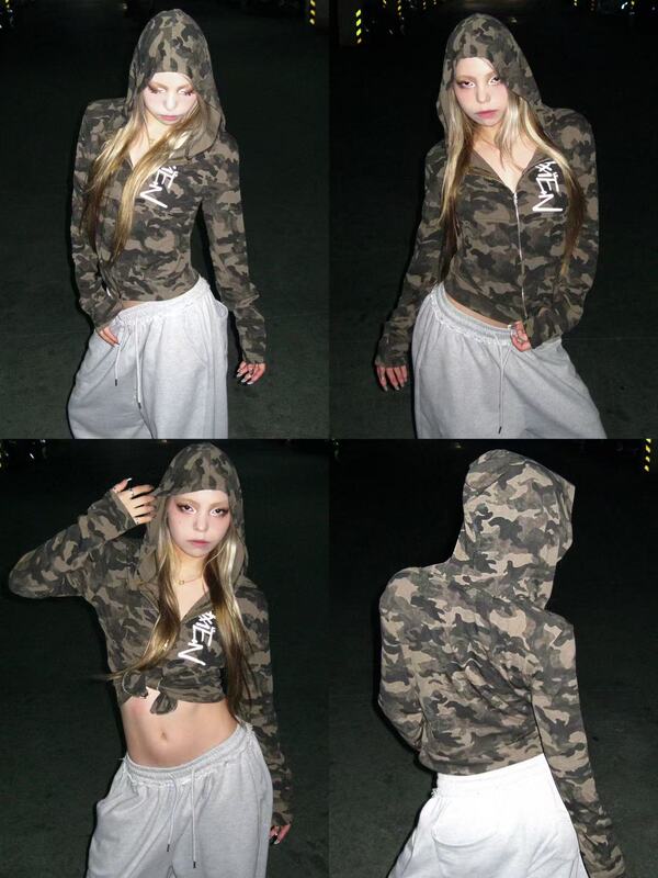 Hxien Camouflage Hooded Large Print Long-Sleeve Jazz Double-Zip Crop Top Slim Fit Top Hot Girl Base Shirt