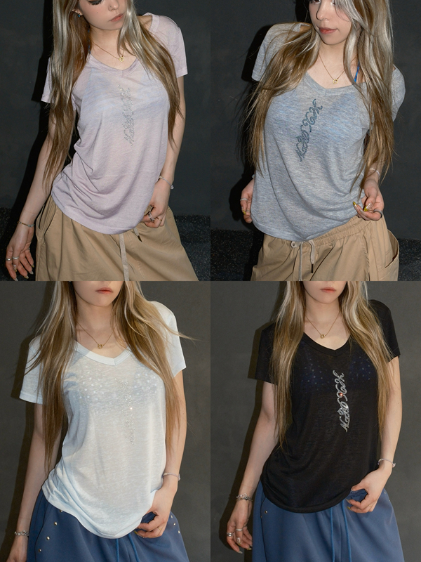 Hxien Hot-Stone Embellished V-Neck Short-Sleeve Casual Loose Soft Breathable T-Shirt with a Jazz Vibe, Slightly Sheer Base Shirt