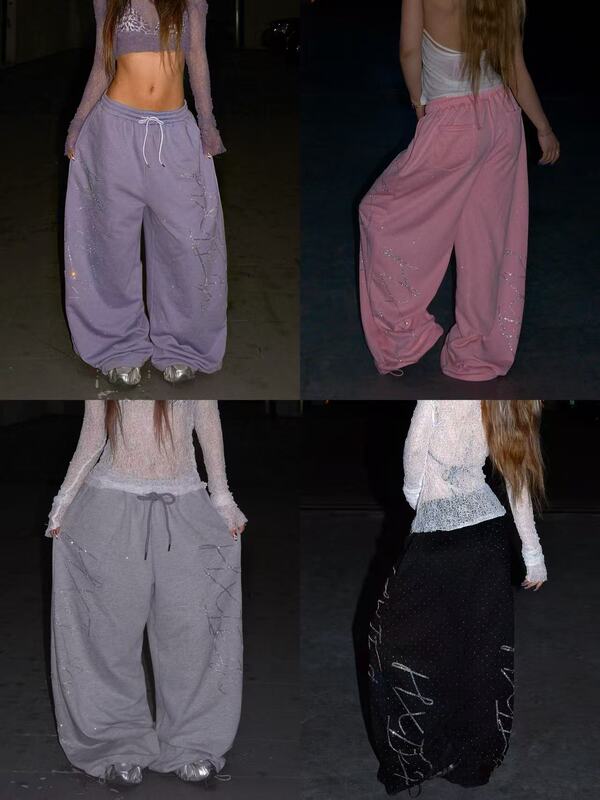 Hxien Original Hot-Stitched Rhinestone Full-Embellished Super Shiny Large Pattern Sparkling Pants Jazz Soft Wide-Leg Pants Drawstring Long Pants