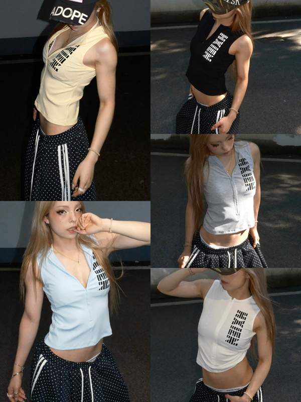 Hxien Half-Zip Large Print Vest Retro American Style Hot Girl Camisole Summer Design Sleeveless Top Hxien Half-Zip Large Print Vest Retro American Style Hot Girl Camisole Summer Design Sleeveless Top