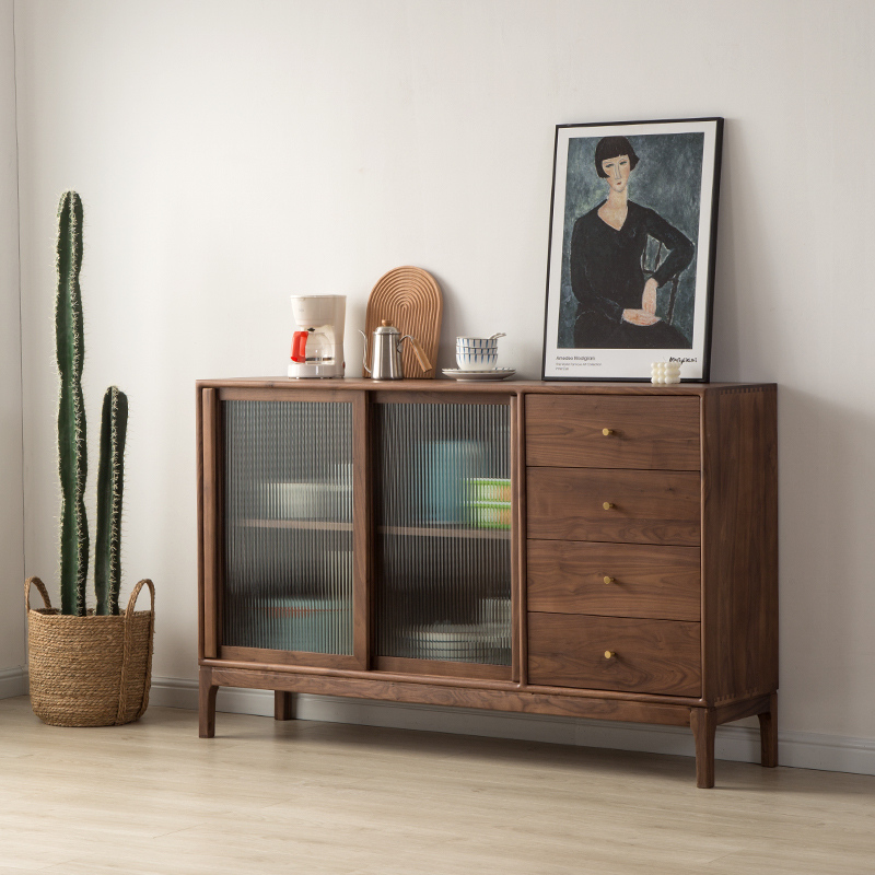 Nordic solid wood sideboard simple modern wine cabinet black walnut locker living room Japanese Guanxuan tea cabinet