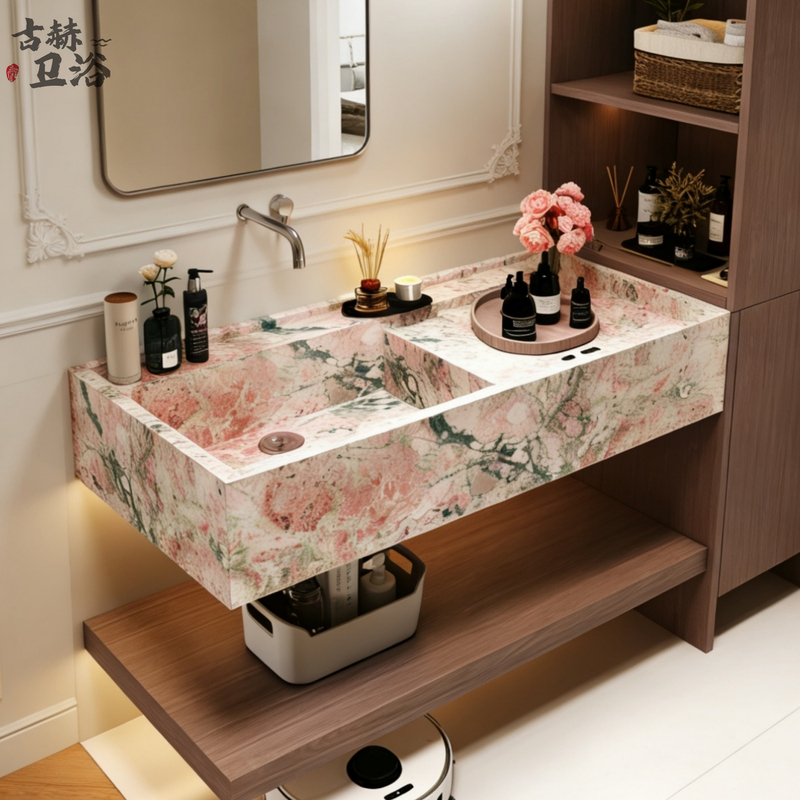 French-Style Monet Garden Luxury Stone Slab Bathroom Cabinet with Narrow Edge Deep Sink, All-Season Pink Washbasin