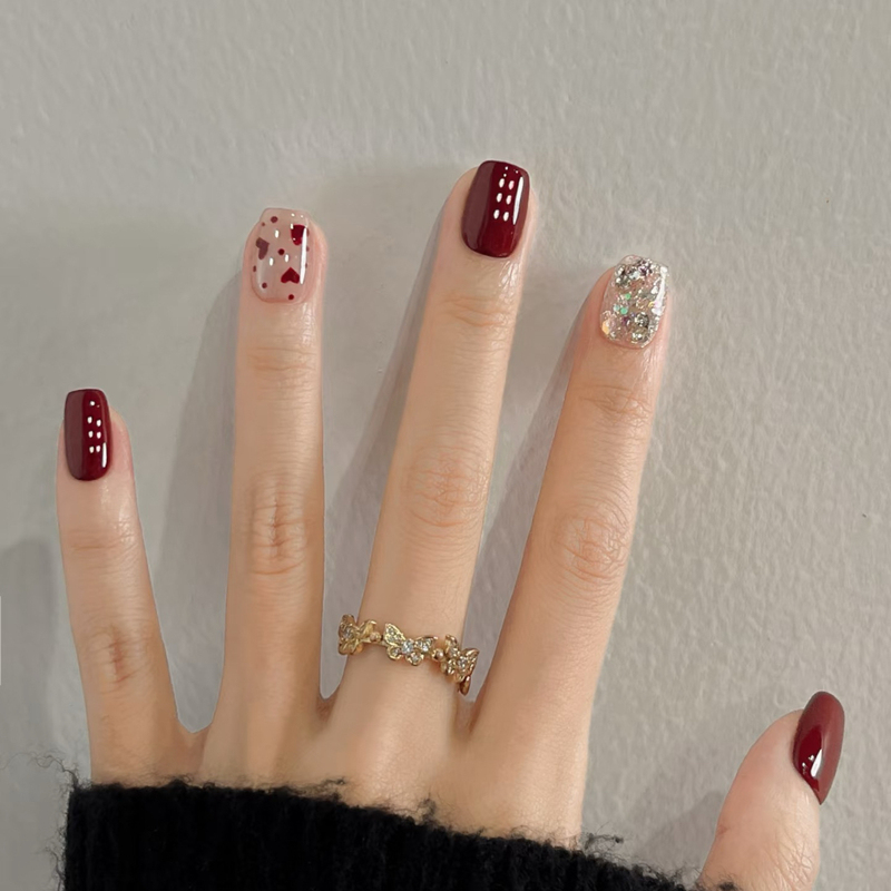 Purely Handmade Wearable Nails with a High-End Feel, 2025 New Year Y-Style Crushed Diamond Fairy Cherry Nail Art, Exquisite Nail Patches