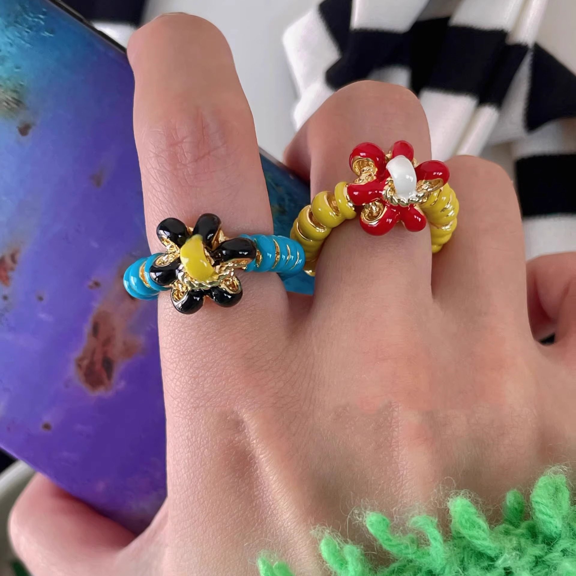 Baroque colorful flowers retro enamel medieval palace style niche European and American style fashion jewelry New Year ring