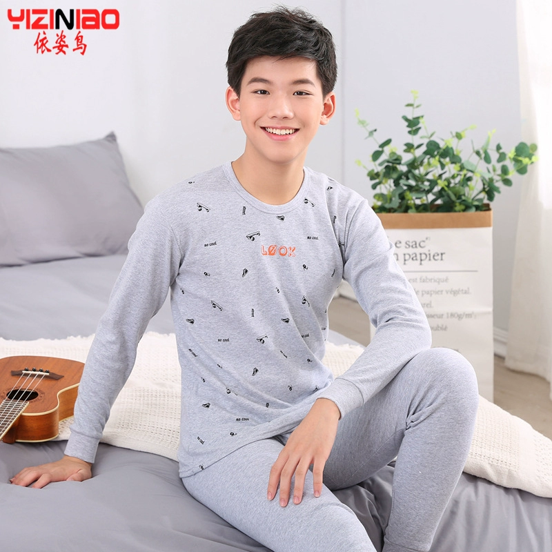 Trường trung học nam thiếu niên cao cổ Qiuyi Qiuku Cotton Đồ lót Thanh niên Học sinh trung học cơ sở Áo len mỏng Bộ đồ lót - Phù hợp với nóng lên