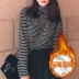 Mùa thu và mùa đông Phiên bản Hàn Quốc của phong cách BF Harajuku cộng với áo thun nhung dài tay nữ sinh viên hoang dã cổ cao sọc đan đan đáy áo phông trắng Áo phông
