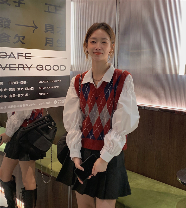 Retro British Preppy Style Christmas Ancora Red Plaid Layered Vest Knitted Women's Autumn Shirt Sweater