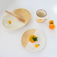 [【梦田良品】日式粗陶芝麻釉蓝鱼柚子水杯马克杯拼色平盘椭圆深盘]