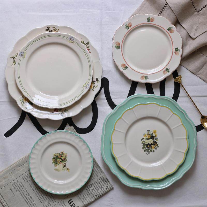 Export Fa Style Retro Made of old Country Ceramics Home Dinner Plate Soft-mounted Wedding Banquet Hem Tray Decorated with Western Dining Sweet Pans