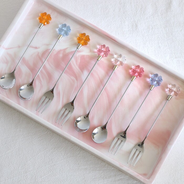 Dream field good products] new zakka four-leaf grass diamond stainless steel coffee sweet spoonful spoon fork stirring spoon fruit fork