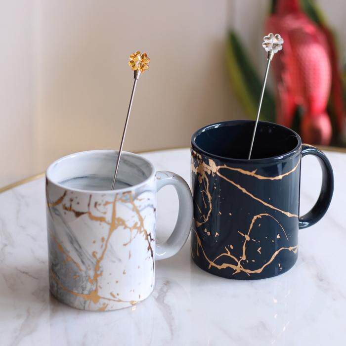 Dream field Good products] Light and luxurious Nordic Wind Ceramic Marble Gold Thread Texture Mark Cup Coffee Cup Lovers to the Cup