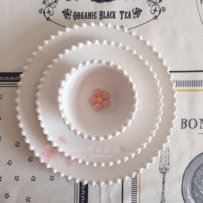 Dream Fields good products] Ceramic lace pure color Pearl spot dish bowl ZAKKA brief Early Dinner Plate Fruit Bowl Steak Pan