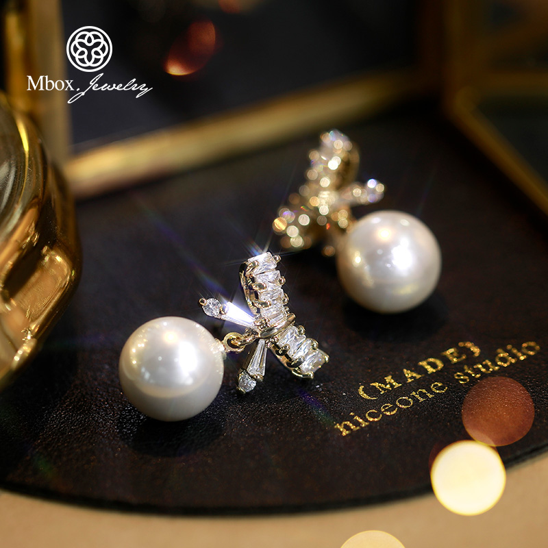 Mbox bow earrings women's 2022 new trendy temperament high-end light luxury pearl earrings retro earrings