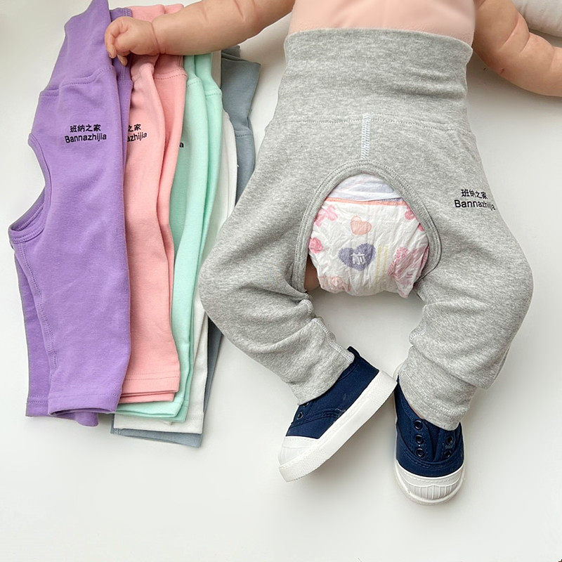 Baby spineless spring autumn newborn baby open crotch pants male and female baby pure cotton infant large PP high waist protective belly pants-Taobao
