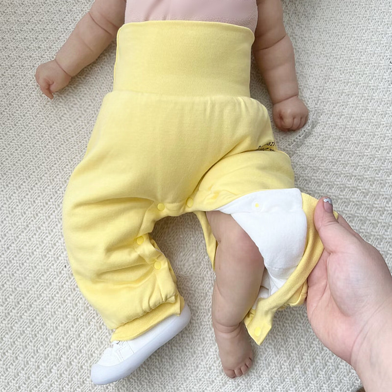 Newborn Cotton Pants Beginner Baby Strap Press Buckle Autumn Winter Baby High Waist Clip Cotton Open Button Pants Baby Warm Pants-Taobao