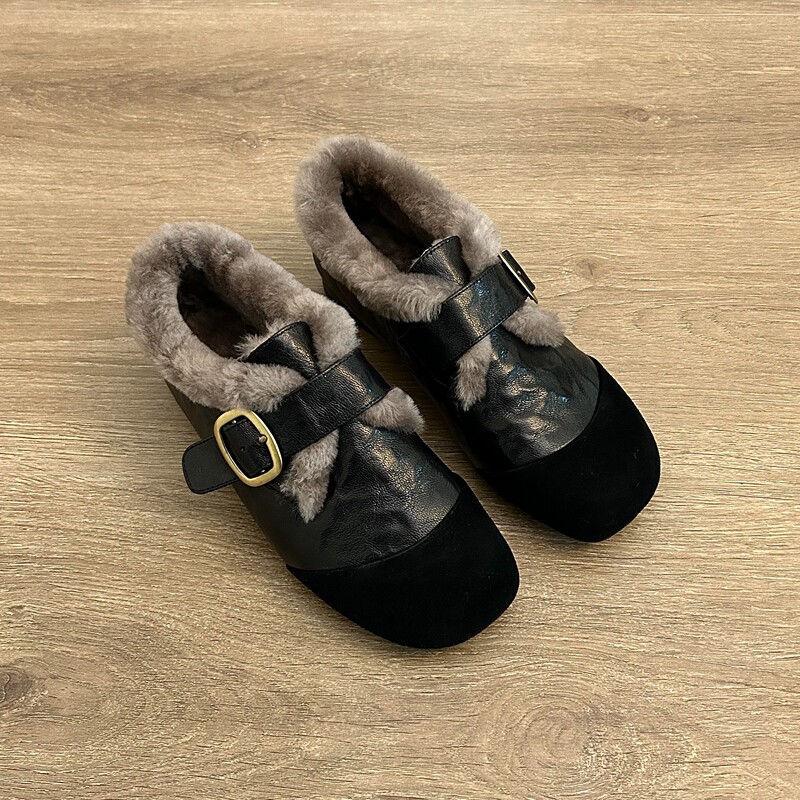 Genuine Leather Lambswool Fleece-Lined Warm Deep-Cut Single Shoes for Women, 2025 Autumn and Winter New Style Mary Jane Fur Shoes Loafers