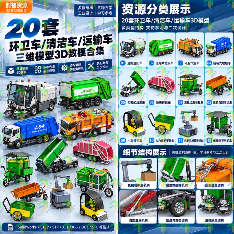 20 Sets of Sanitation Cleaning Garbage Vehicle 3D Models, 3D Digital Model Collection, Garbage Truck and Sweeper Design Materials 20 Sets of Sanitation Cleaning Garbage Vehicle 3D Models, 3D Digital Model Collection, Garbage Truck and Sweeper Design Materials