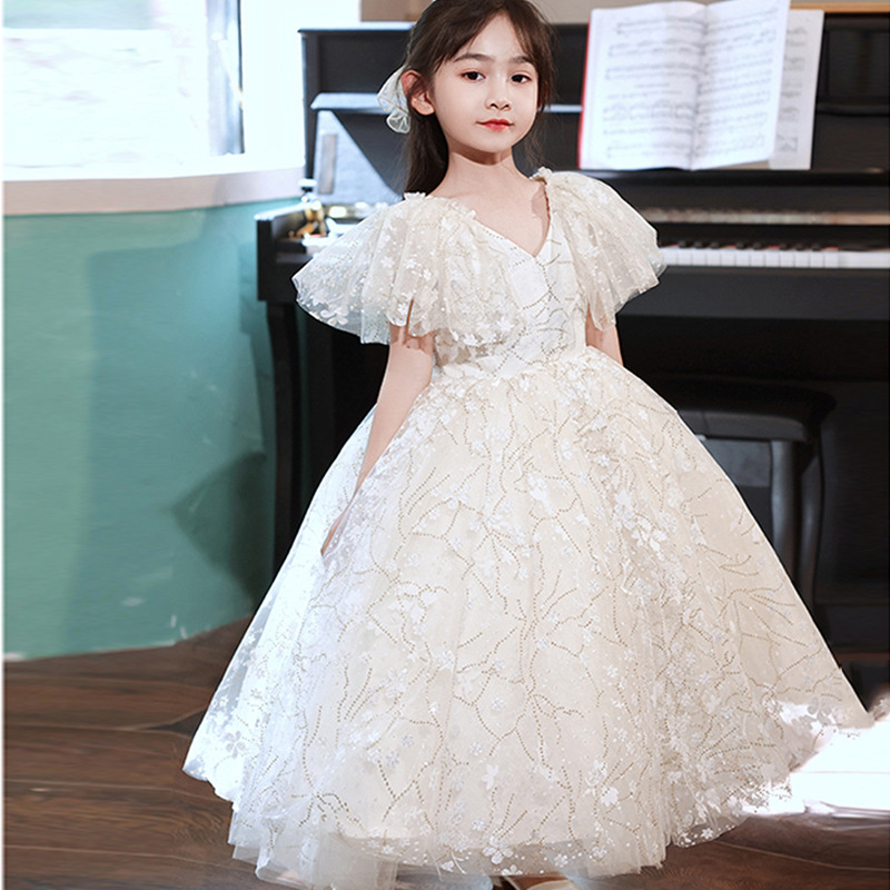 Girl Princess dress Summer Galaxy Piano Show Sixty-One Host Flying Sleeve White Super Fairy
