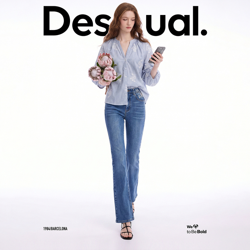 Desigual【Same Style as the Blogger】Striped Embroidered V-Neck Puff Sleeve Loose Women's Shirt Cotton Blouse