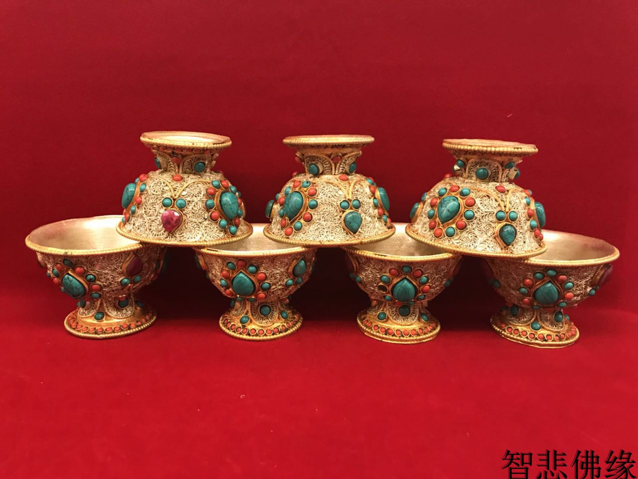 Nepal handmade copper pinched with gems seven water supply bowls water supply cup water purification Cup high feet