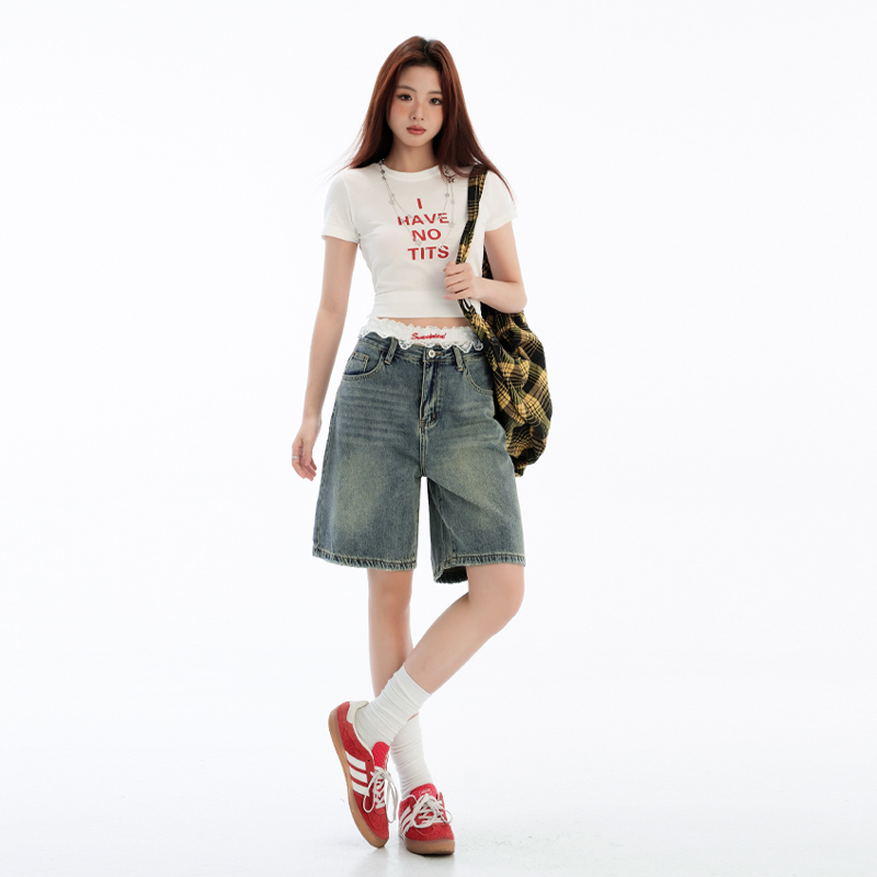 Women's Five-Point Jeans Spring and Summer New Loose Straight Thin High-Waisted Retro A-Line Wide-Leg Mid-Pants for Small People