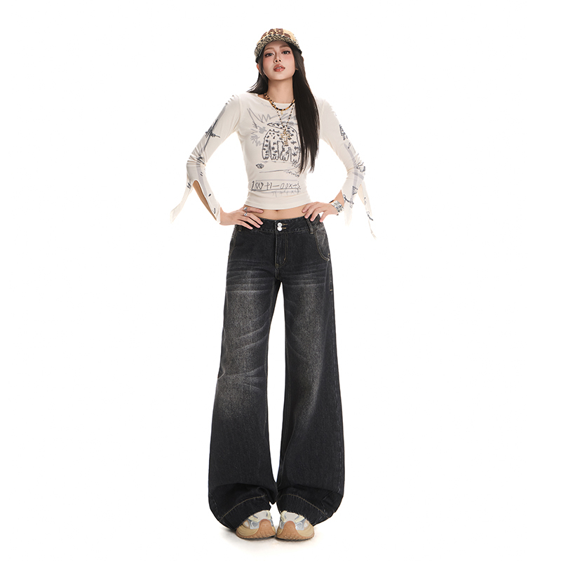 Low-Waisted Wide-Leg Jeans for Women, New Autumn Style, American Retro Black and Gray Double-Button Slimming Distressed Floor-Length Pants