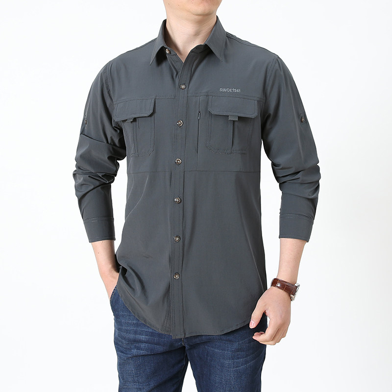 Summer men's outdoor loose oversized stretch long sleeve shirt men's casual quick-drying workwear shirt men's thin fashion tide