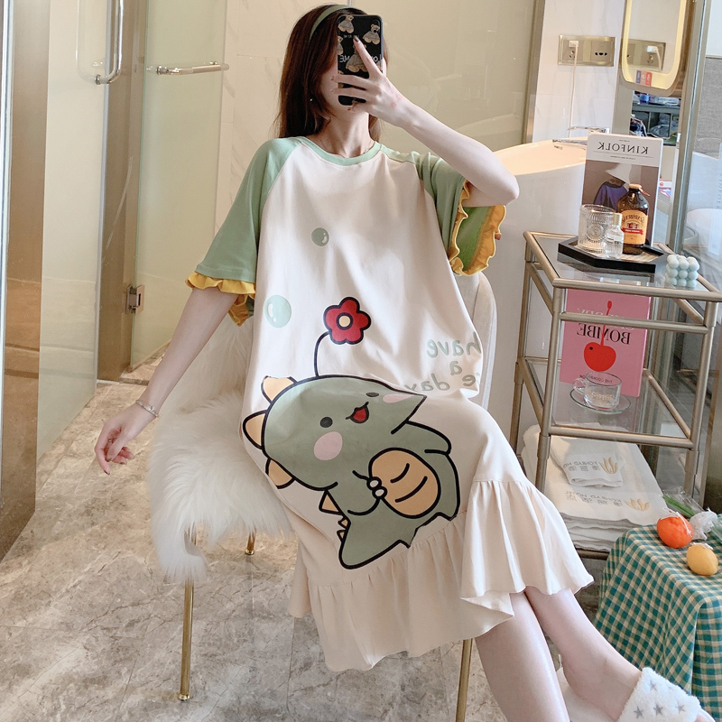 Home dress Women's summer out of the house Women's bed Sleeping Dress Loose Sleepwear Summer Plus Size Ice silk Long version Ankle Long Dress