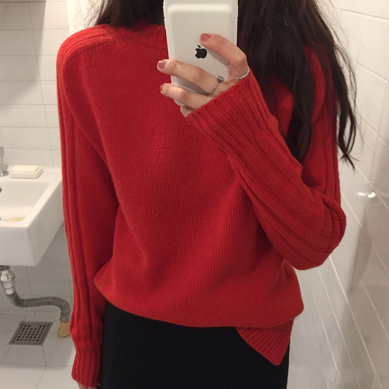 2021 autumn and winter new Korean version loose with lazy round collar cover with large red thickened sweater-knitted sweater blouse outburst